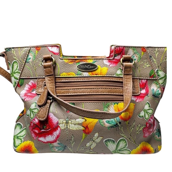 Multisac Handbags - MultiSac Floral Butterfly Crossbody Shoulder Handbag Taupe Multi Pocket Purse